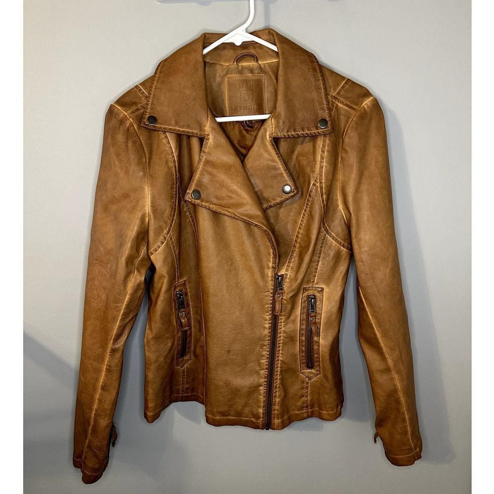 Max Studio Faux Leather Long Sleeve Asymmetrical Zip Biker Moto Jacket Brown L - Picture 2 of 7